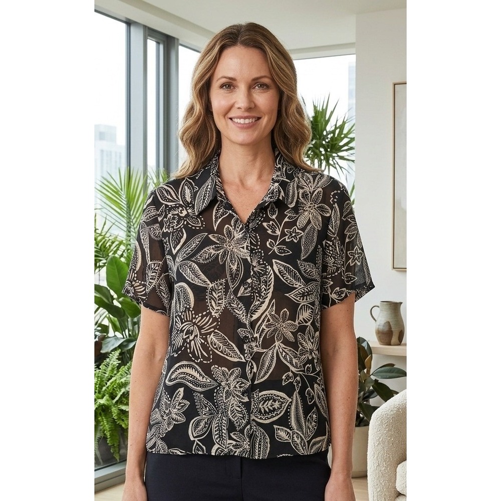 Susan Graver Style Floral Short Sleeve Button Front Blouse Size L Black Vacation
